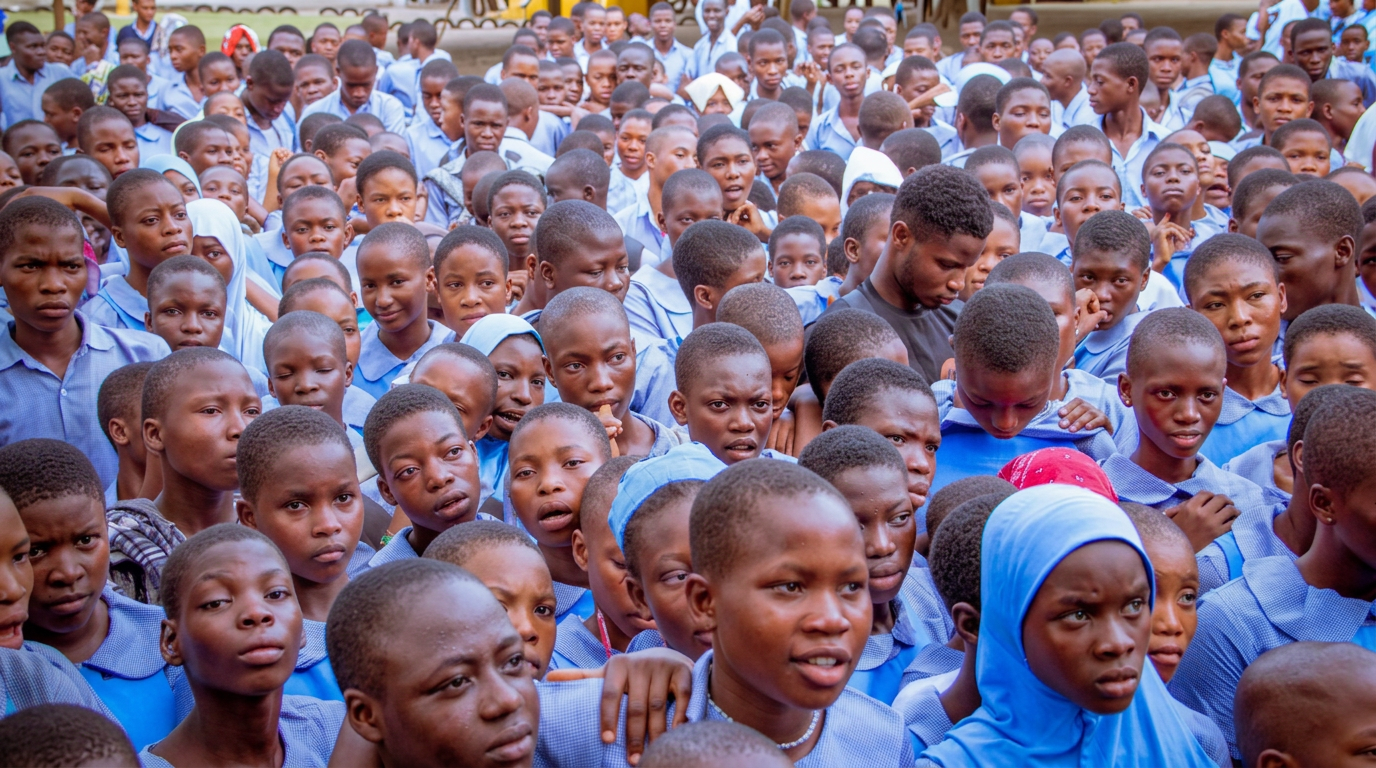 A large gathering of Ajara students in blue school uniforms