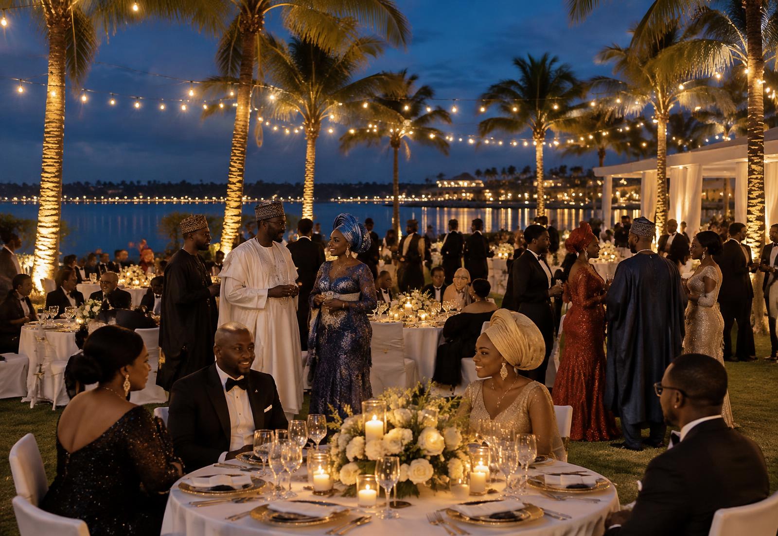 Evening gala tables under palm trees beside the water